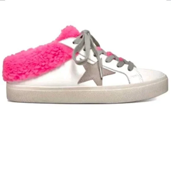Steve Madden Polaris White Leather & Pink Sherpa Lace-up Star Sneakers Shoes 8 - Picture 3 of 16